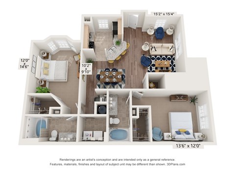 Floor plan for 2 beds, 2 baths, 1194 sqft
